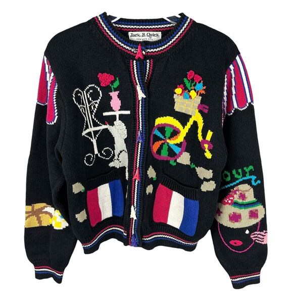 Vintage Sweaters - Vintage Maximalist 80s Intarsia Paris Long Sleeve Graphic Sweater M